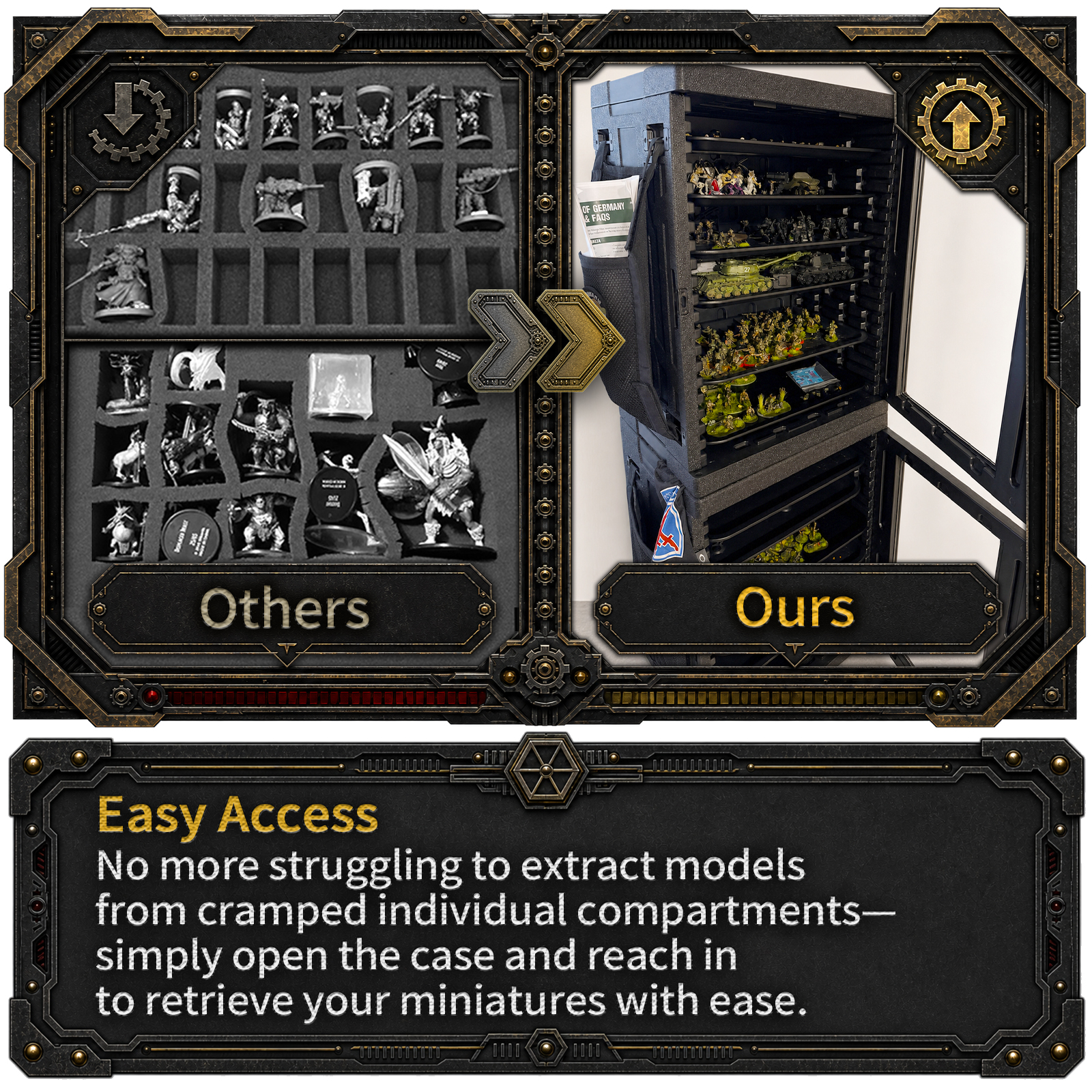 Easy Access No more struggling to extract models from cramped individual compartments—simply open this warhammer carry case 40k and reach in to retrieve your miniatures with ease.