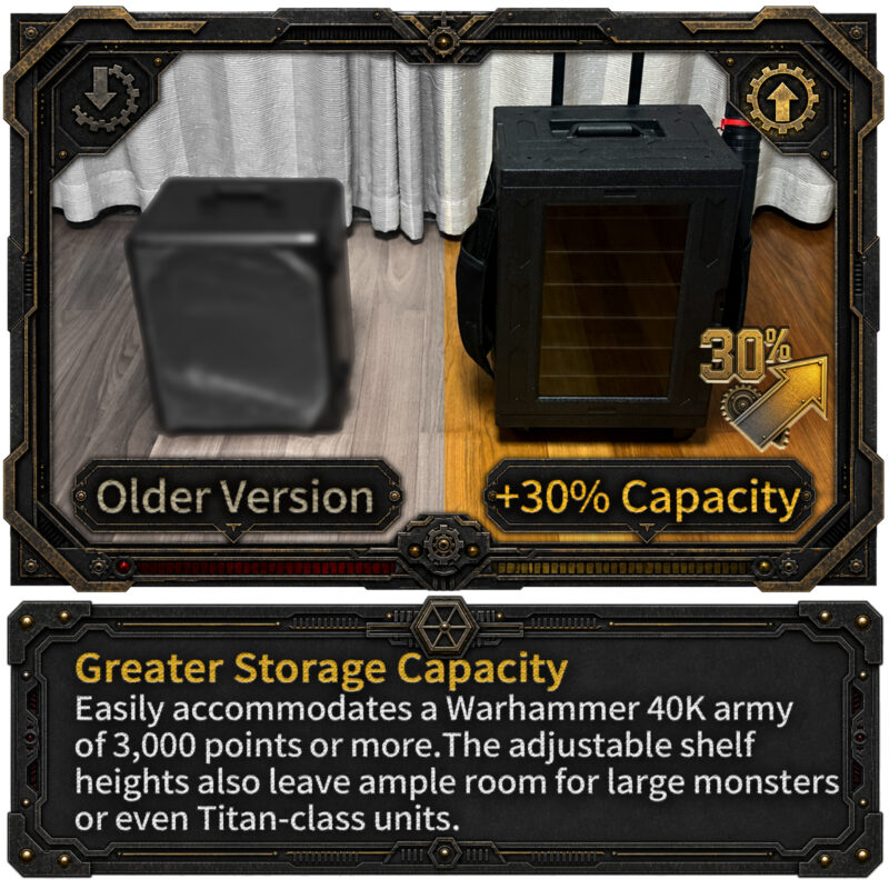 2. Greater Storage Capacity Easily accommodates a Warhammer 40K army of 3,000 points or more. The adjustable shelf heights also leave ample room for large monsters or even Titan-class units—making this warhammer storage solution ideal for collectors who demand both space and flexibility.