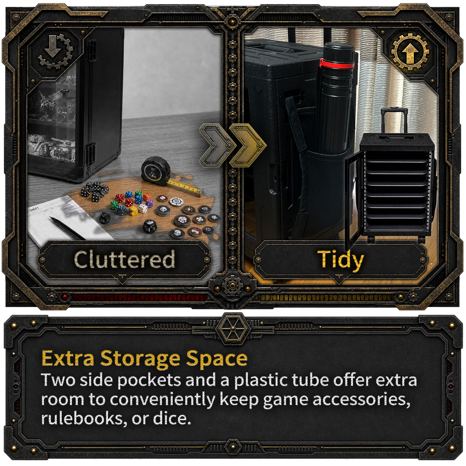 3. Extra Storage Space Two side pockets and a plastic tube offer extra room to conveniently keep game accessories, rulebooks, or dice. This warhammer magnetic carry case design ensures your essentials stay neatly organized alongside your army.