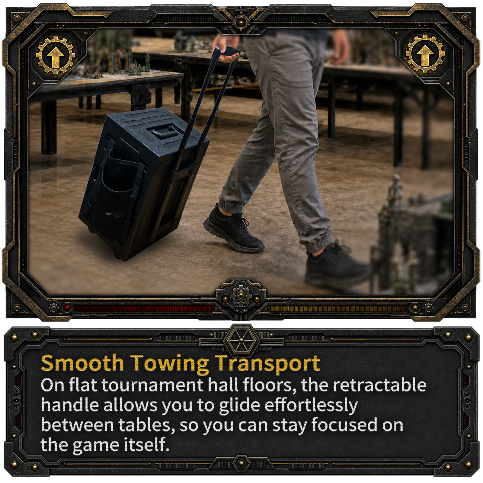 6. Smooth Towing Transport On flat tournament hall floors, the retractable handle allows you to glide effortlessly between tables, so you can stay focused on the game itself. Whether it's a warhammer carry case or an xtra large warhammer carry case, smooth transport is always a priority—trusted by players worldwide, including those using evorzonha gear.