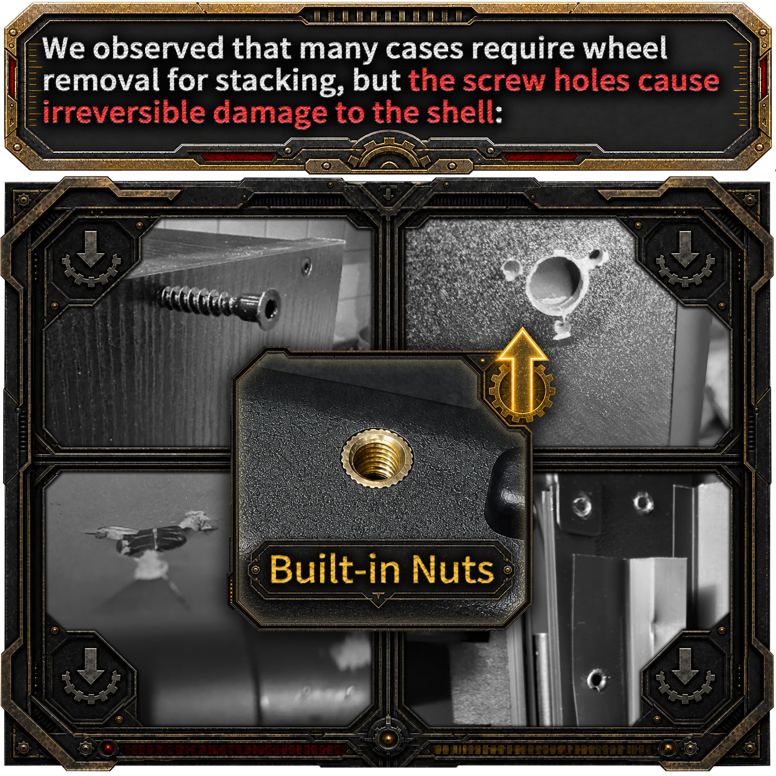 Our new pressure‑clip wheel design allows quick detachment without screws—eliminating repeated damage to the warhammer carry case 40k.